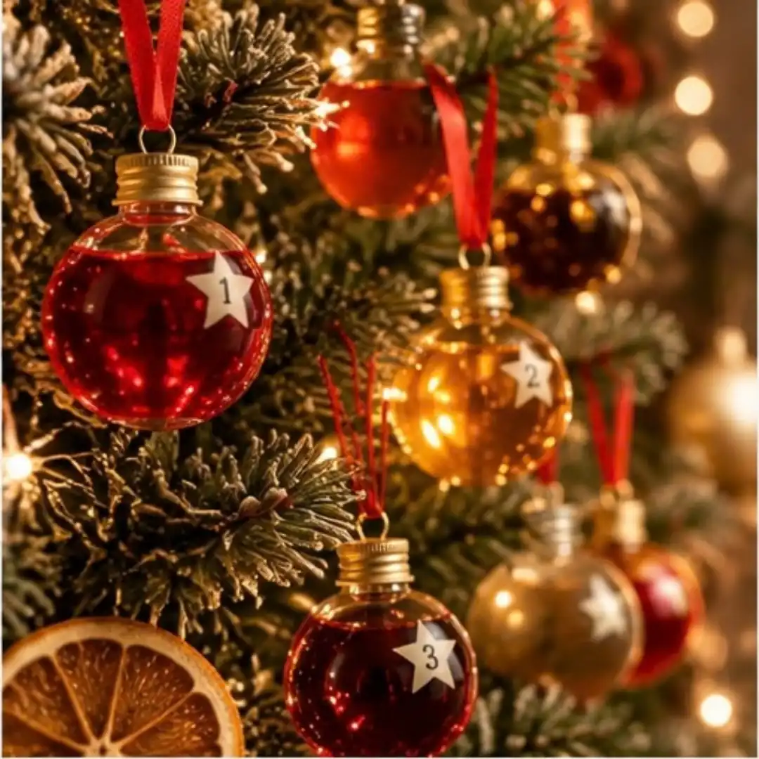 Genummerde likeurkerstballen als versiering in de kerstboom