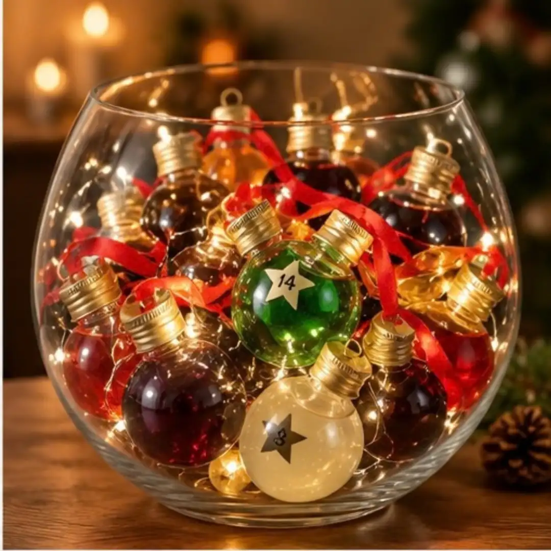 Genummerde likeurkerstballen verzameld in een glazen bowl